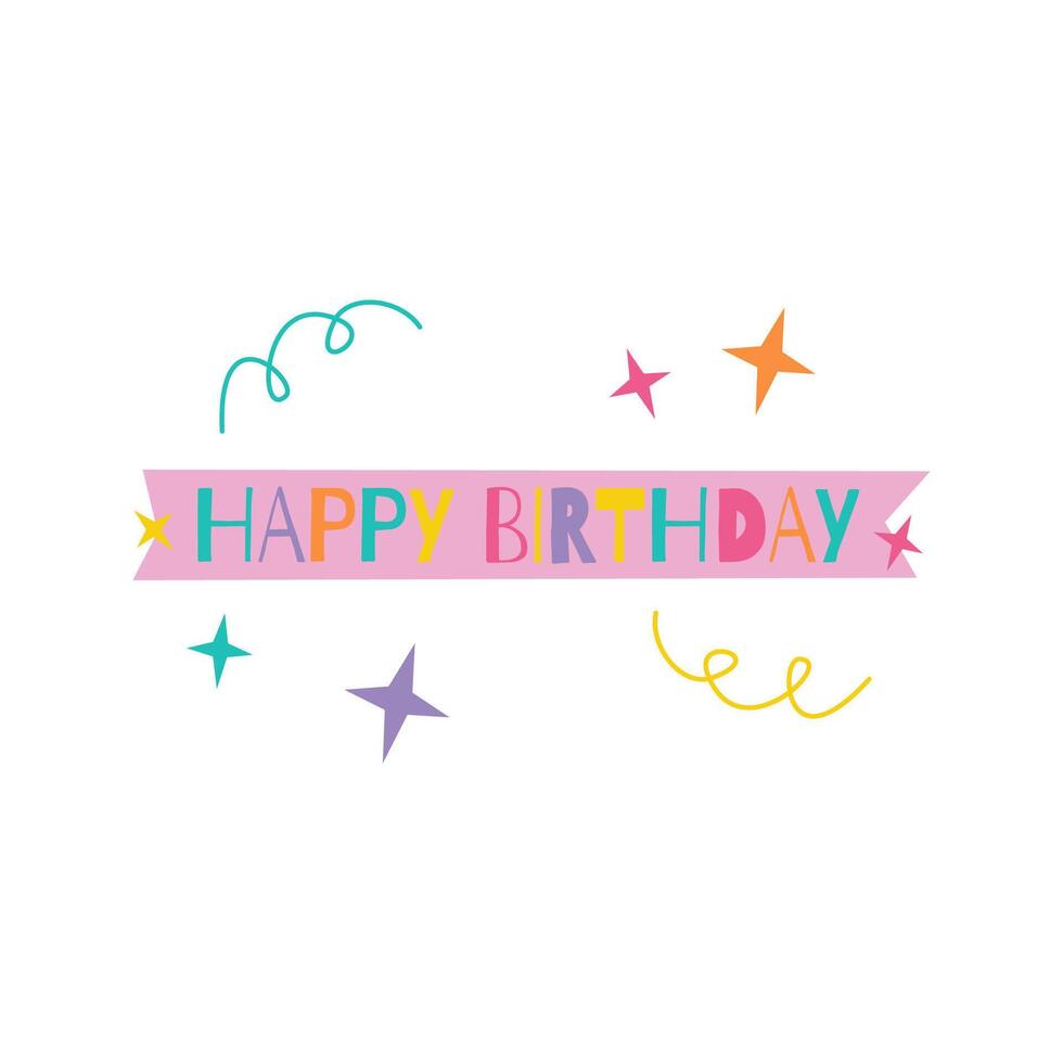 A colorful banner with Happy Birthday text, decorated with stars and streamers. Ideal for party invitations or decorations. vector