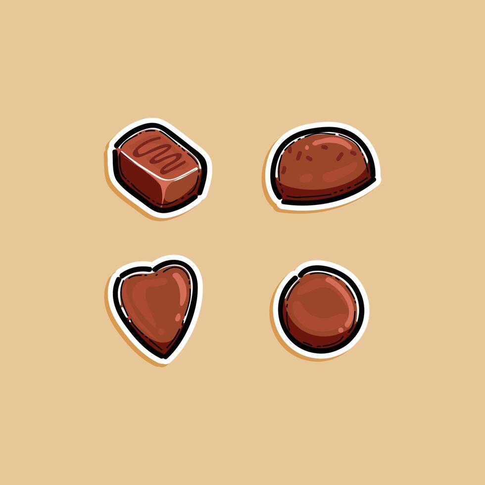 A set of delightful hand drawn chocolate designs with various shapes on a beige background, conveying sweetness and creativity. Perfect for dessert, food, or confectionery themed visuals and projects. vector