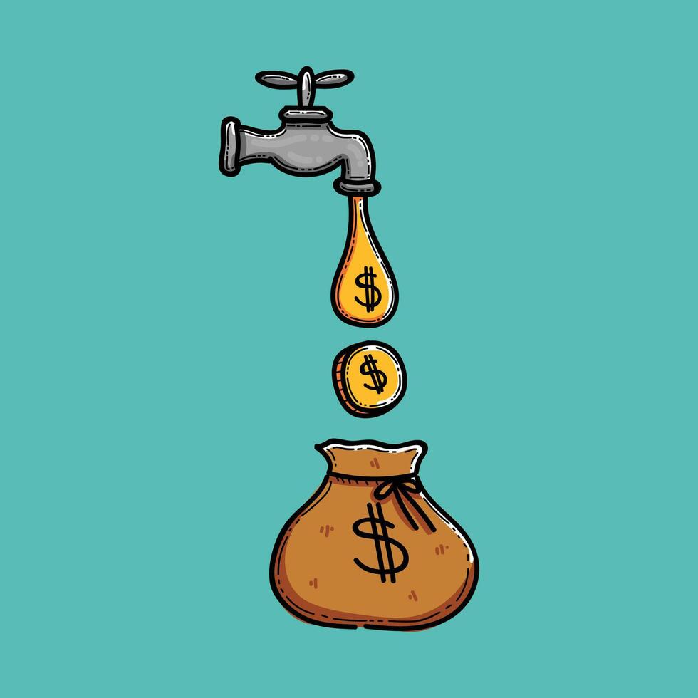 Illustration of a faucet dripping dollar symbols into a money bag, symbolizing cash flow, investment, or financial growth. Perfect for concepts of savings, economy, or money making processes. vector