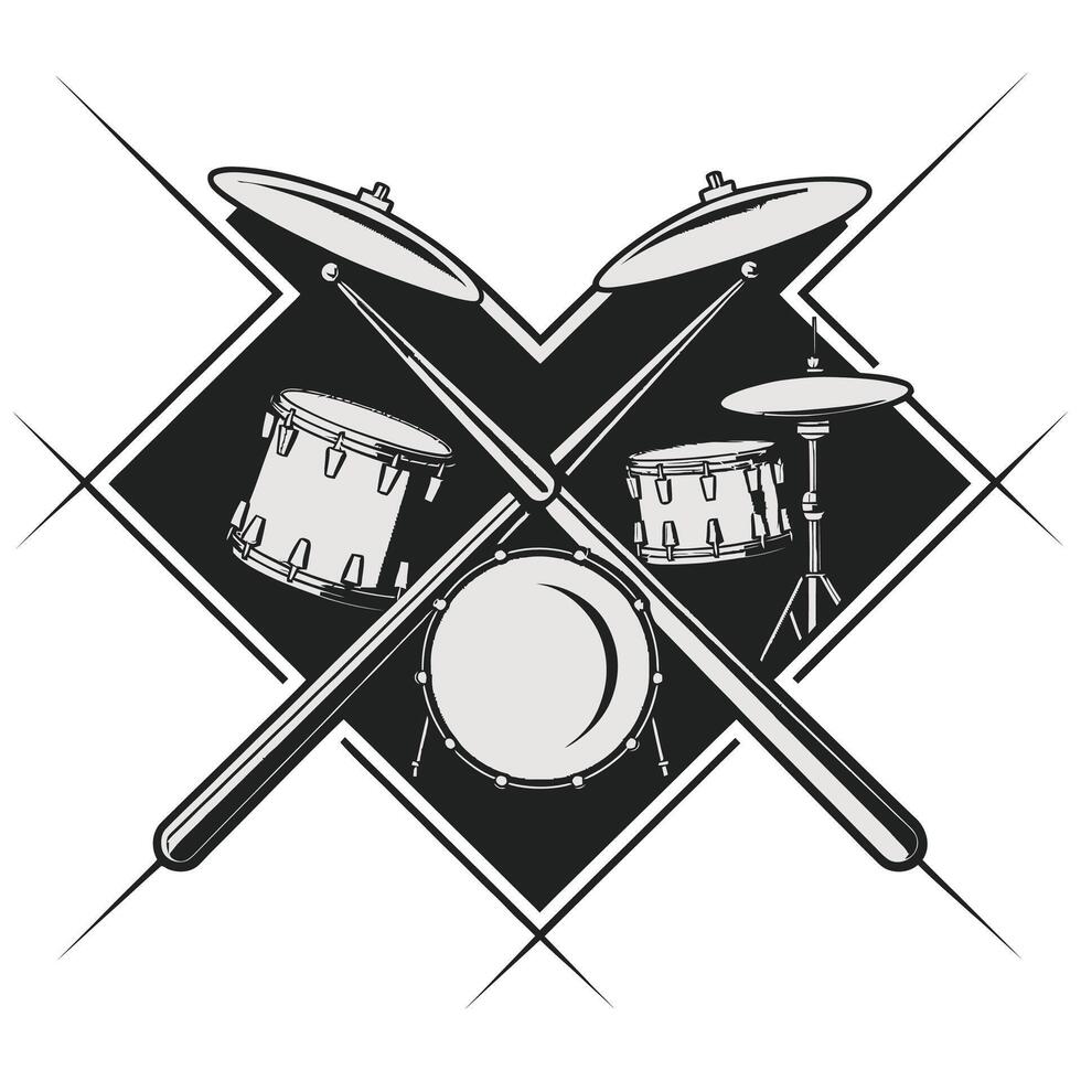 Modern Drum Kit Logo with Drumsticks in Art. vector