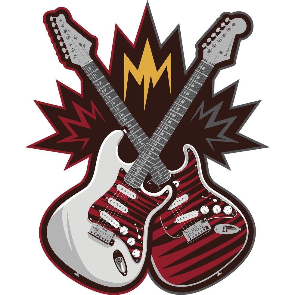 Bold Guitar Logo with Soundwave Effects on White. vector