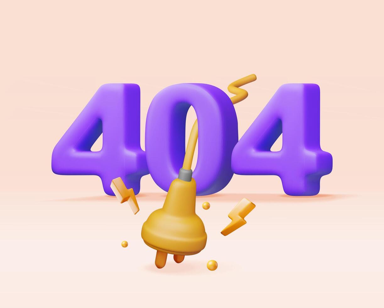 3D electric plug with 404 digits isolated. Render electrical outlet plug unplugged symbol. 404 error concept. Disconnection or connect loss, page not found vector