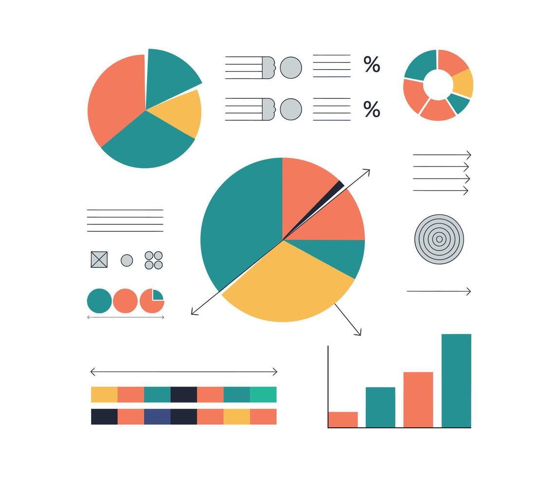 Colorful pie charts and infographic elements design. vector