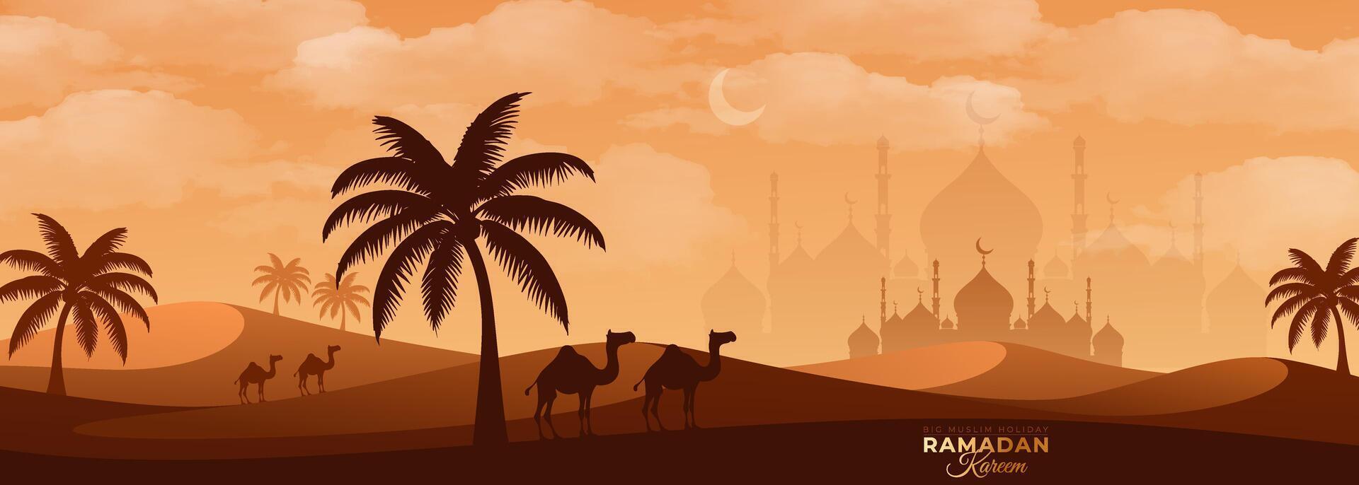 Ramadan Kareem illustration featuring a vibrant desert scene with a radiant sky, camels, date palms, and mosque. vector