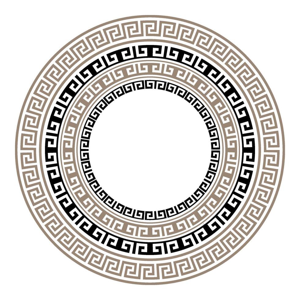 Golden Black round frame bohemian inspired by traditional art from Greece, yoga. Greek boho mandala design, round key pattern art isolated on white. Greek fret or Greek key. Circle greek frame vector