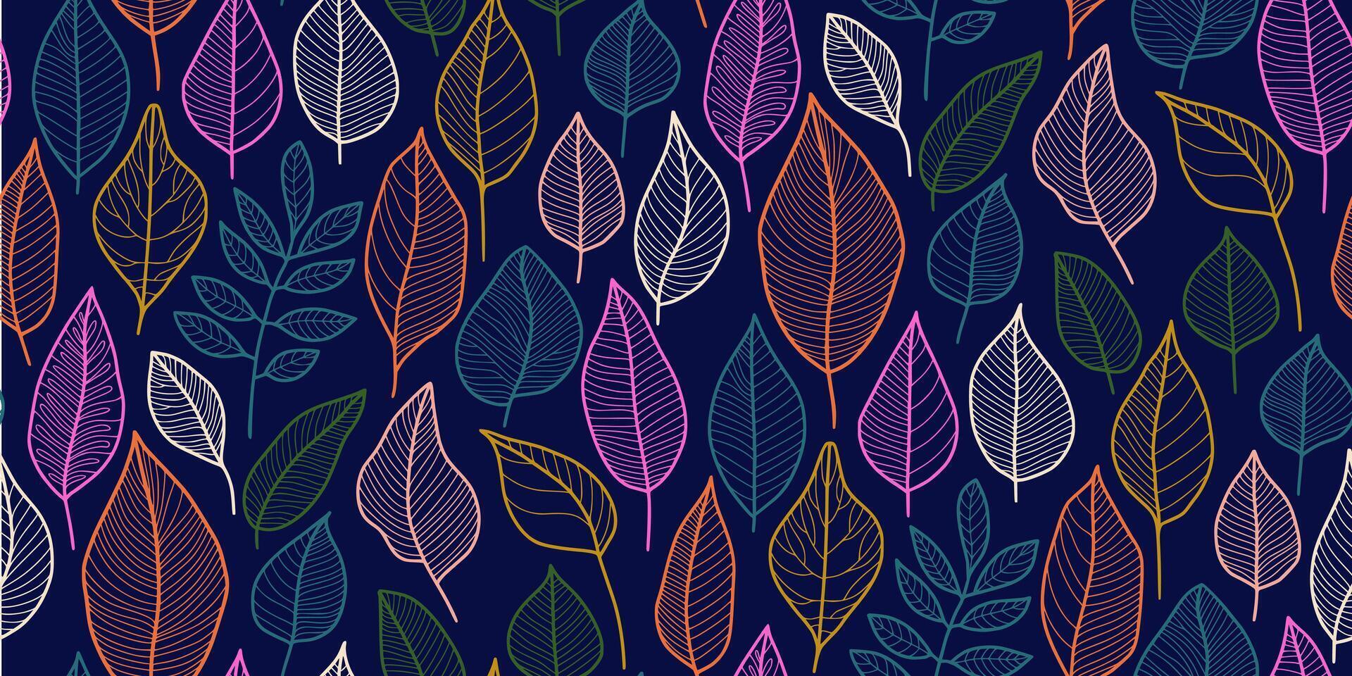 Seamless pattern of stylized leaves outlined in vibrant colors on a dark blue background with unique leaf shapes and simplistic designs. Ideal for textiles, wallpapers, and digital design projects. vector