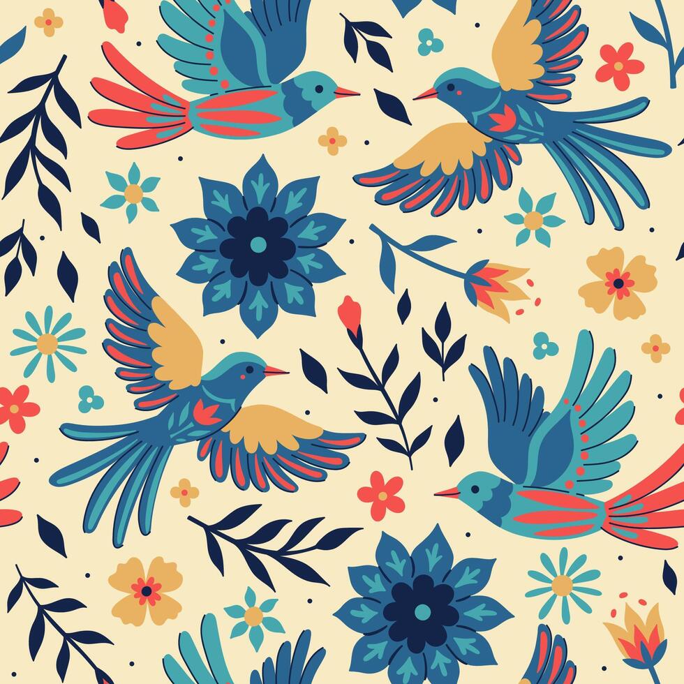 Seamless pattern with birds and flowers in folk style. graphics. vector