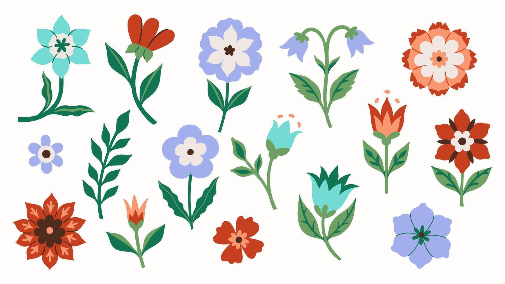 Set of flowers in folk style isolate on white background. graphics. vector