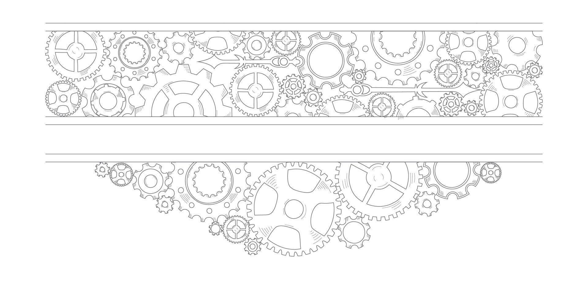 Sketch-style doodle frame with colorful hand-drawn gears and cogwheels, embodying a concept of teamwork, business ideas, and progress. vector