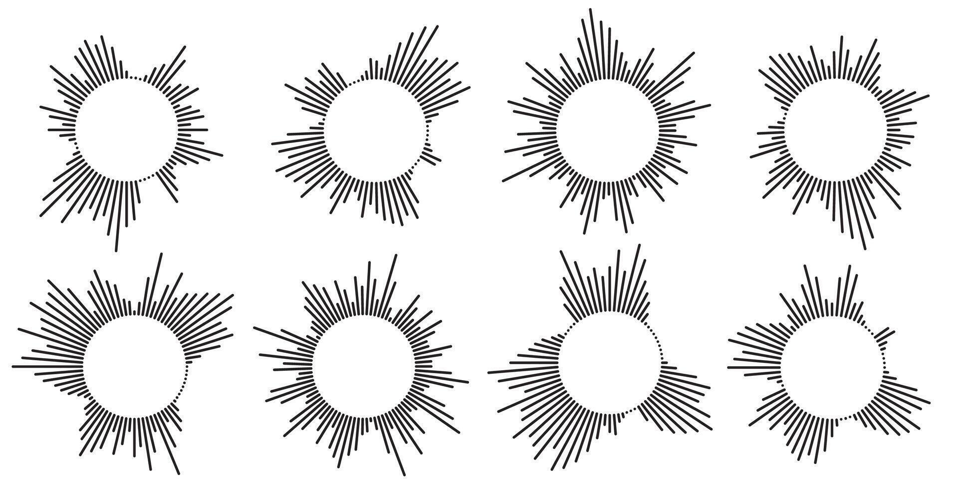 Set of circular ripple icons. Concentric circles with broken lines isolated on white background. Vortex, sonar wave, soundwave, sunburst, signal signs. graphic illustration vector