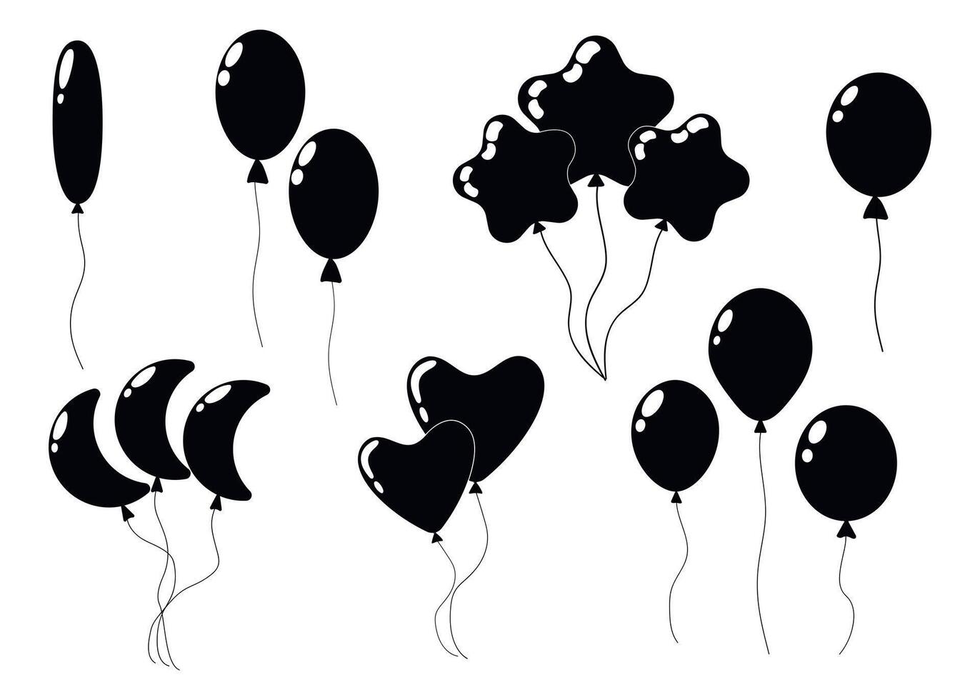 Black balloons in various shapes for celebration or decoration vector