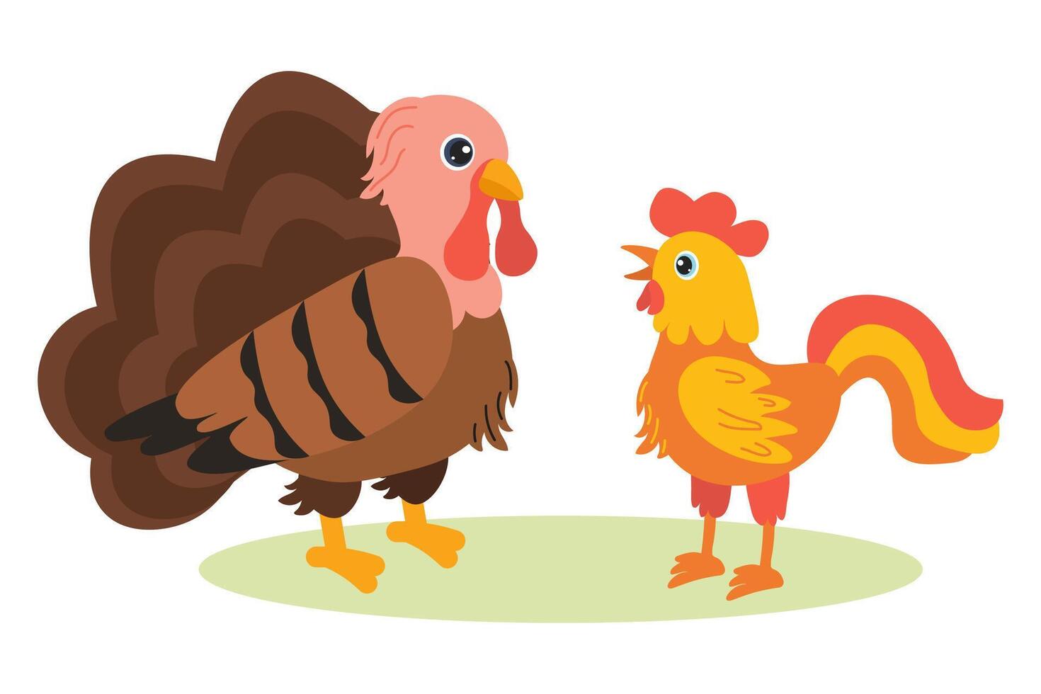 Colorful cartoon turkey and rooster standing together on green grass vector