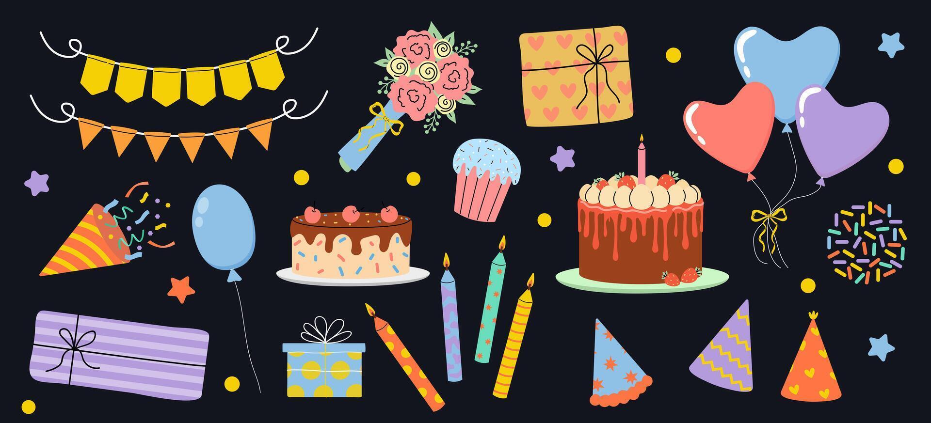 Celebration decorations with cakes, balloons, and gifts for a festive event vector