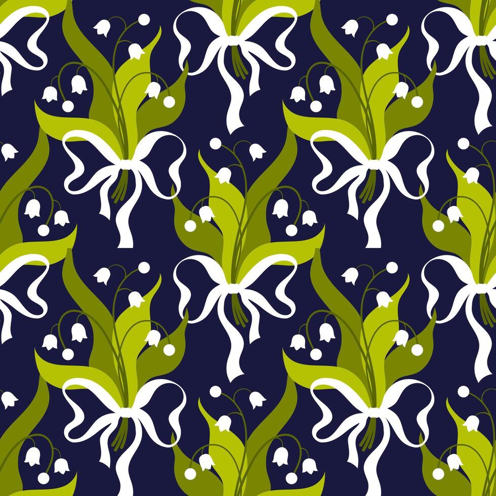 Seamless pattern spring flowers and bows. Bouquet of lilies of the valley. vector