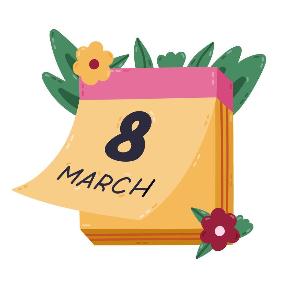 Lovely cartoon flowery calendar page with date 8 of March as symbol of International Women Day. Hand drawn daily calendar clipart for poster, design, social media for female holiday of equality. vector