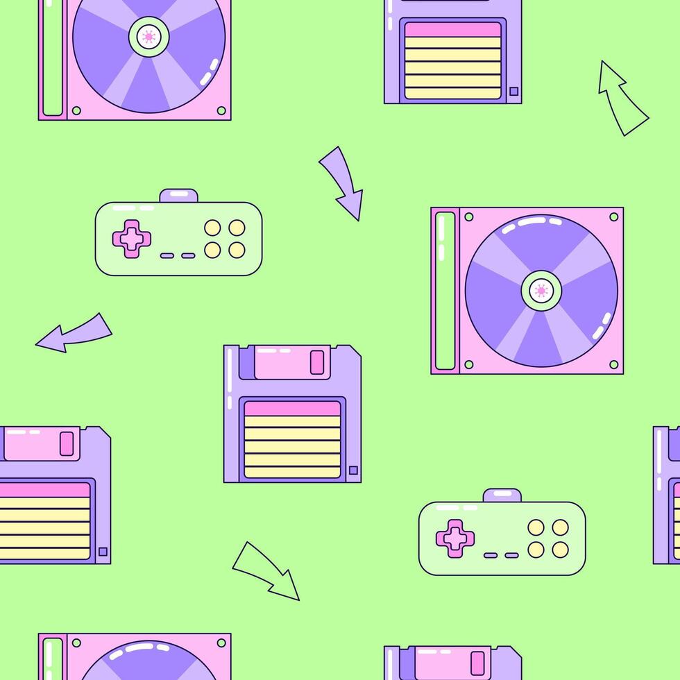 Seamless pattern with floppy disk and gamepad. Multicolored elements on green background. Retro illustration with outline in 90s style. illustration. vector