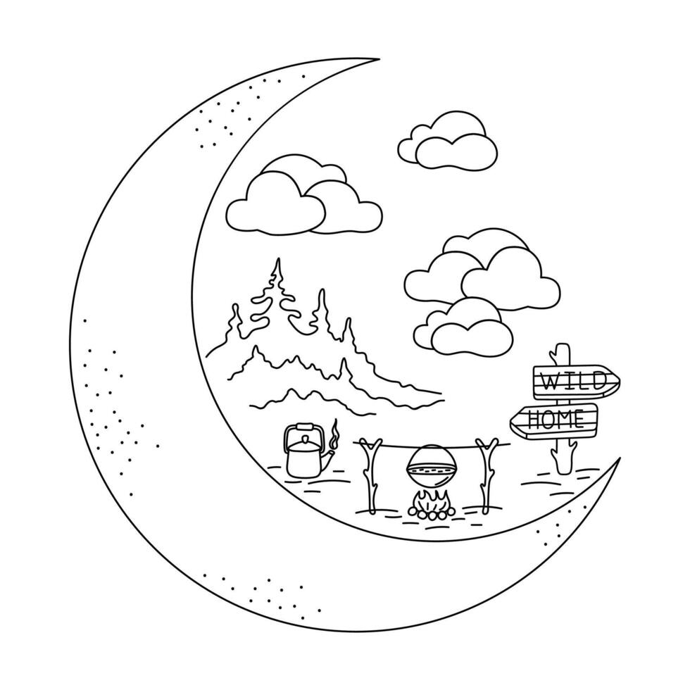 Camping with fire on Crescent Moon. Forest and moon patch in line art style. For printing on mugs and T-shirts. Black outline on white background. Nature and travel concept. illustration. vector