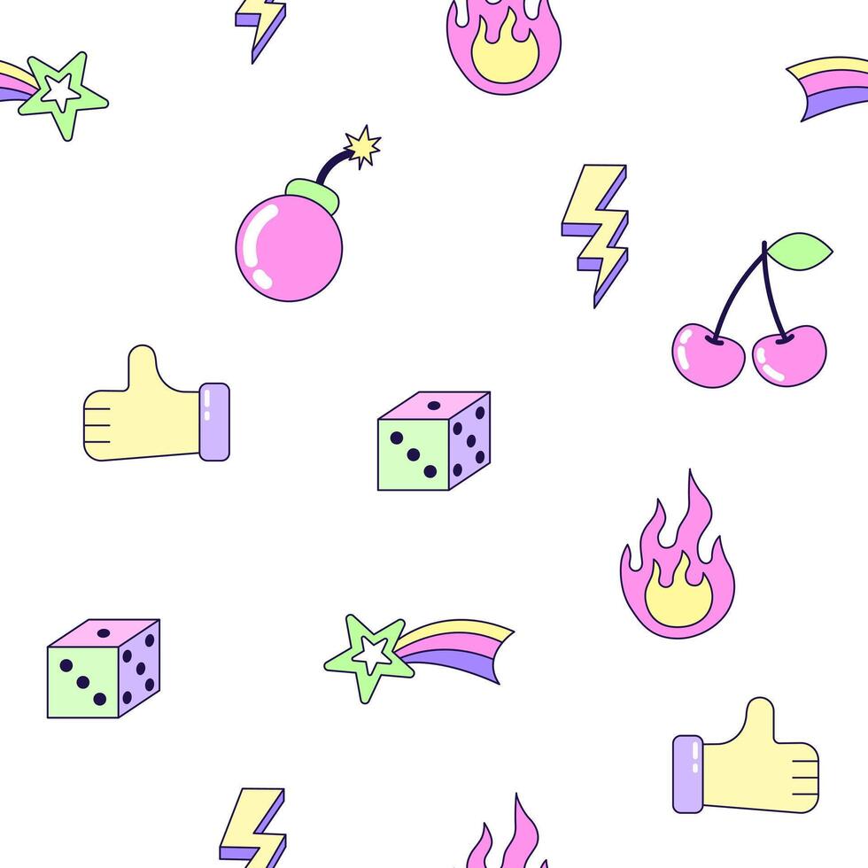 Seamless pattern with vintage flower and rainbow in style of 90s. Multicolored elements on white background. Retro illustration with outline in 90s style. illustration. vector