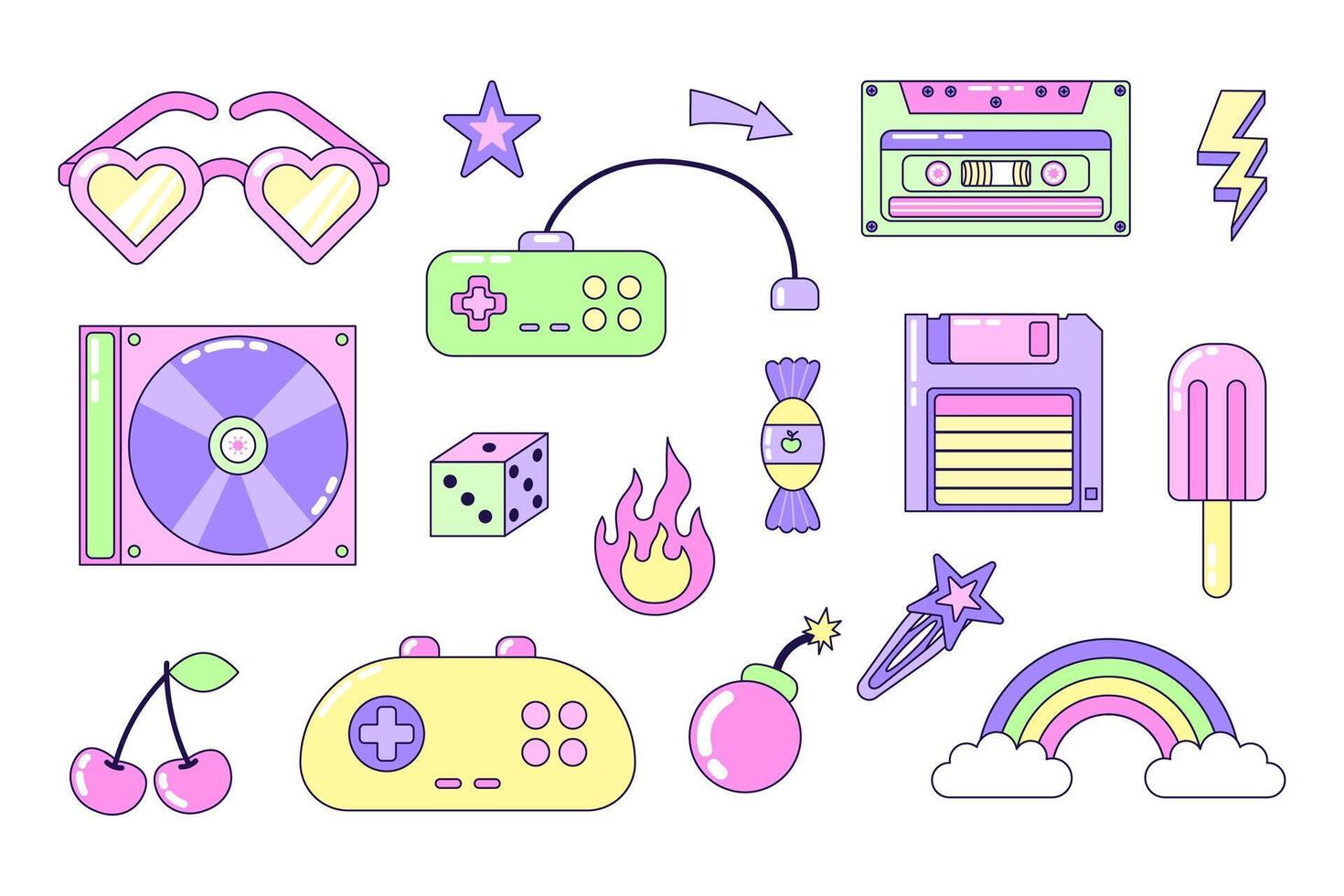 y2k elements set. Multicolored elements on white background. Retro illustration with outline in 90s style. Isolated illustration. vector
