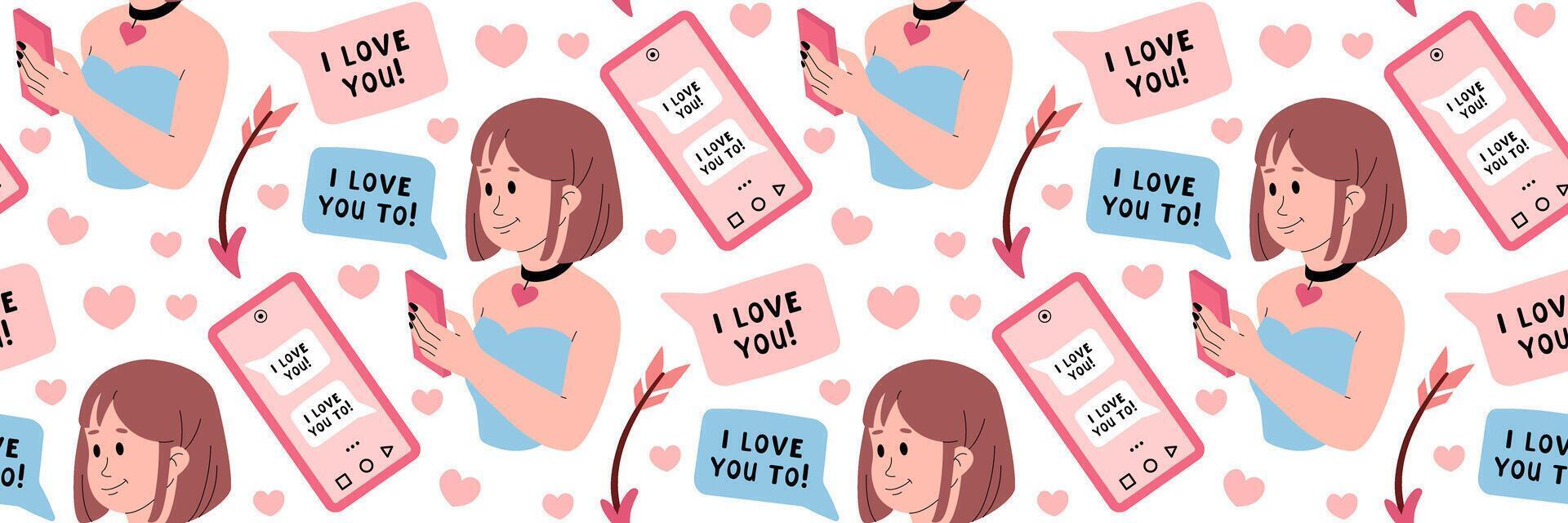Pattern with Girl sends message I love you. Happy Valentine's Day romantic background. For textile, packaging, wallpaper, scrapbooking. flat illustration. vector