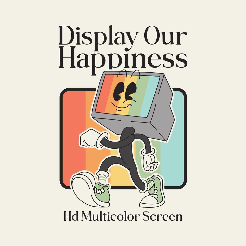 walking monitor retro cartoon mascot vector