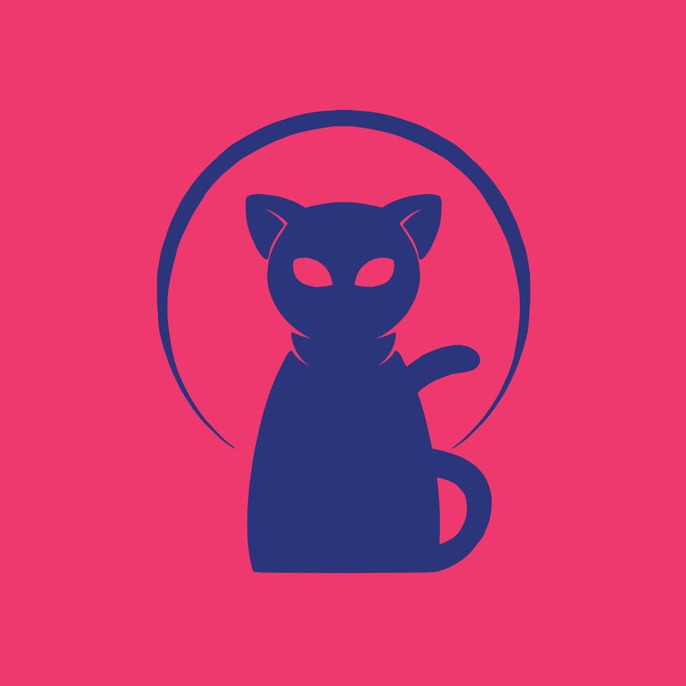 neon cat between moon light silhouette logo vector