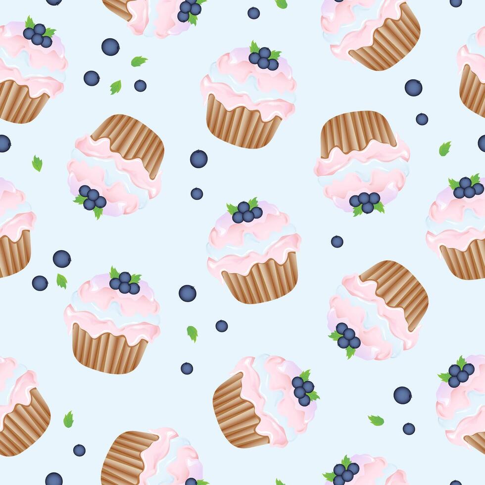 Seamless pattern for kitchen decor, fabric, packaging paper and more. Delicious cupcake with whipped cream and blueberry. Cartoon illustration of sweet food. vector