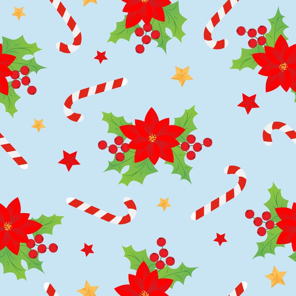 Seamless pattern with red christmas stars, caramel cane, Christmas star, holly on blue background. Design for fabric, textile, packaging paper. vector