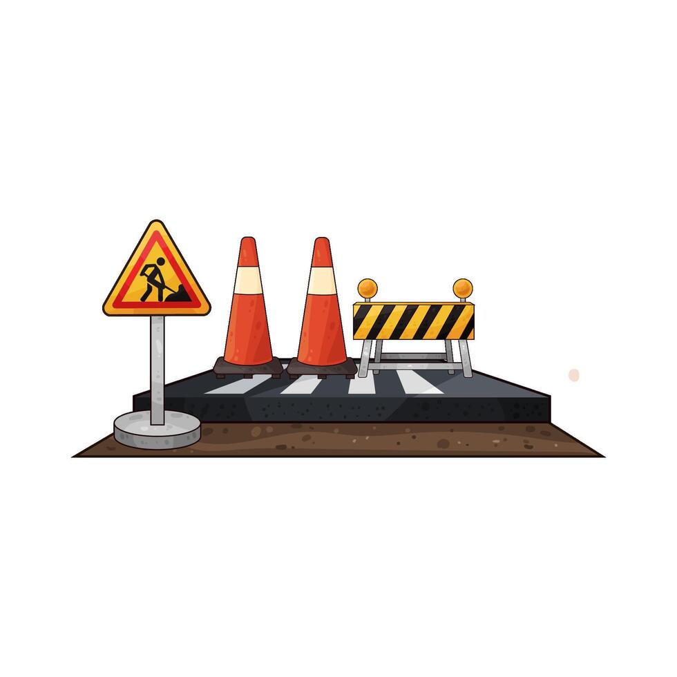 illustration of traffic cones and barriers in the middle of the road vector