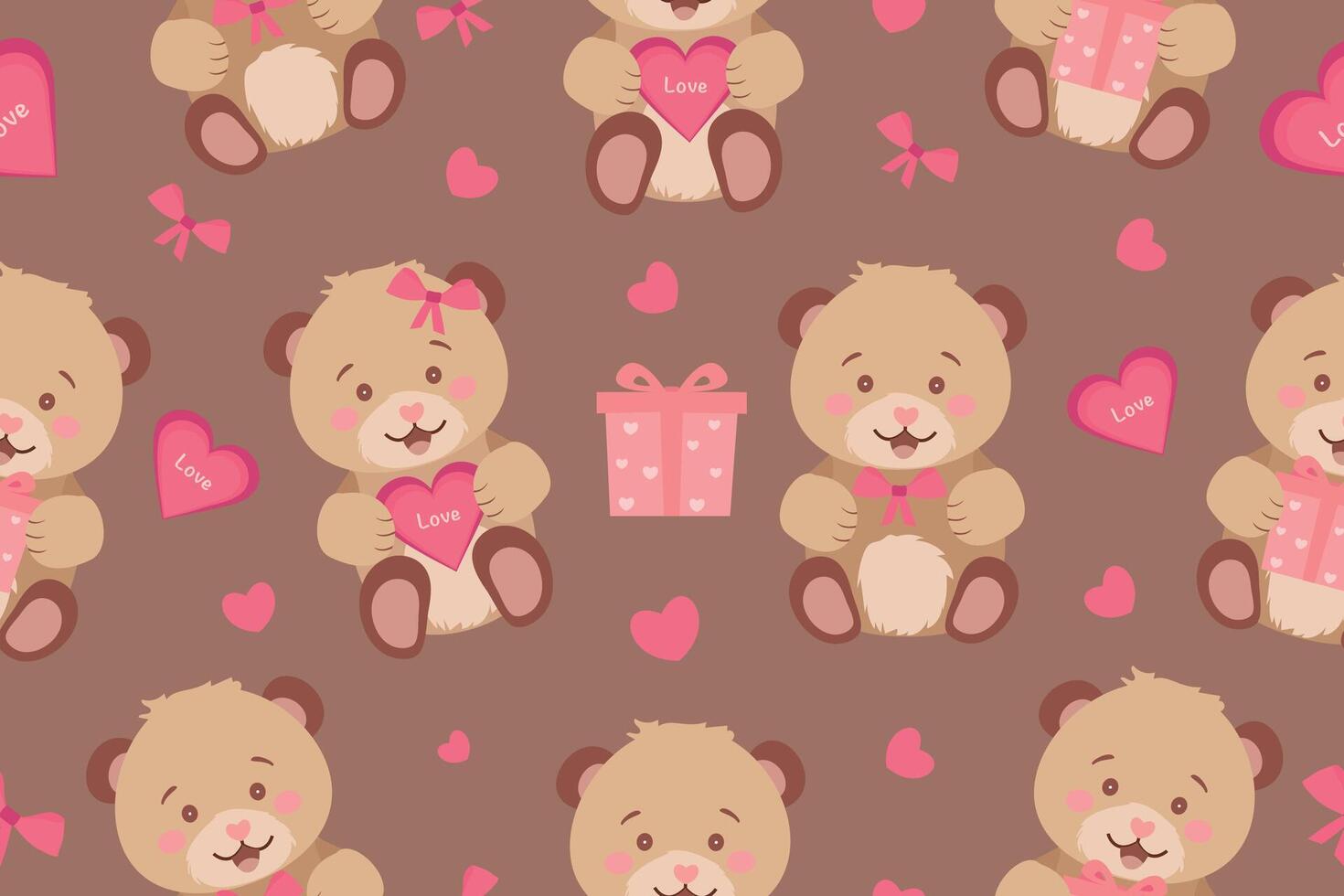Seamless pattern with cute teddy bears and hearts in flat style on Mocha Mousse background. Valentine's Day, Teddy Bear Day design. . vector