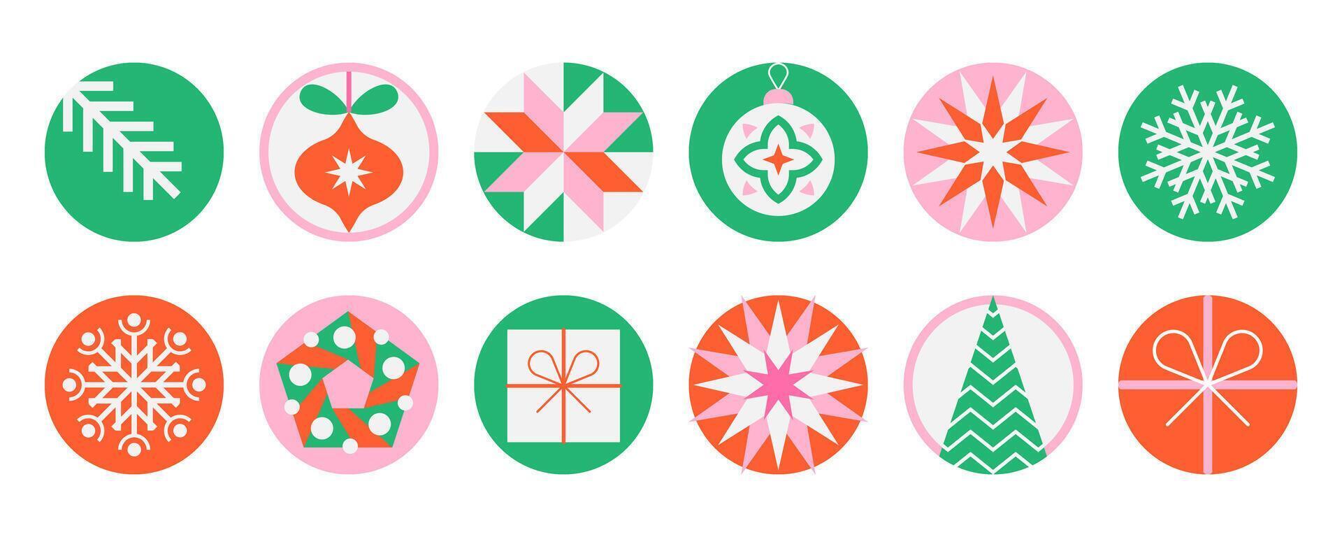 Set of 12 festive holiday icons in circles. Christmas and New Year design elements vector
