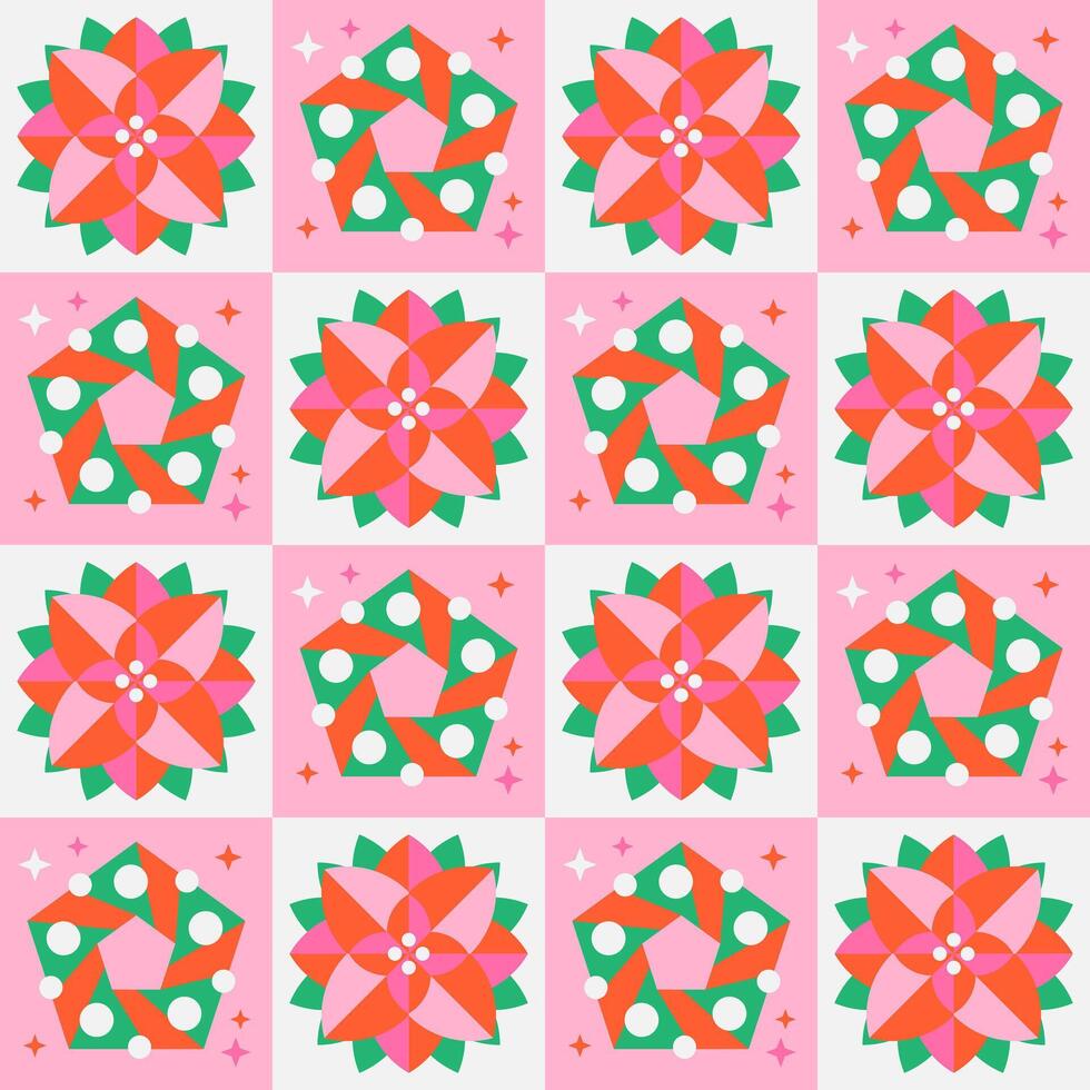 Christmas seamless pattern with poinsettia and Christmas wreath on checkered background vector