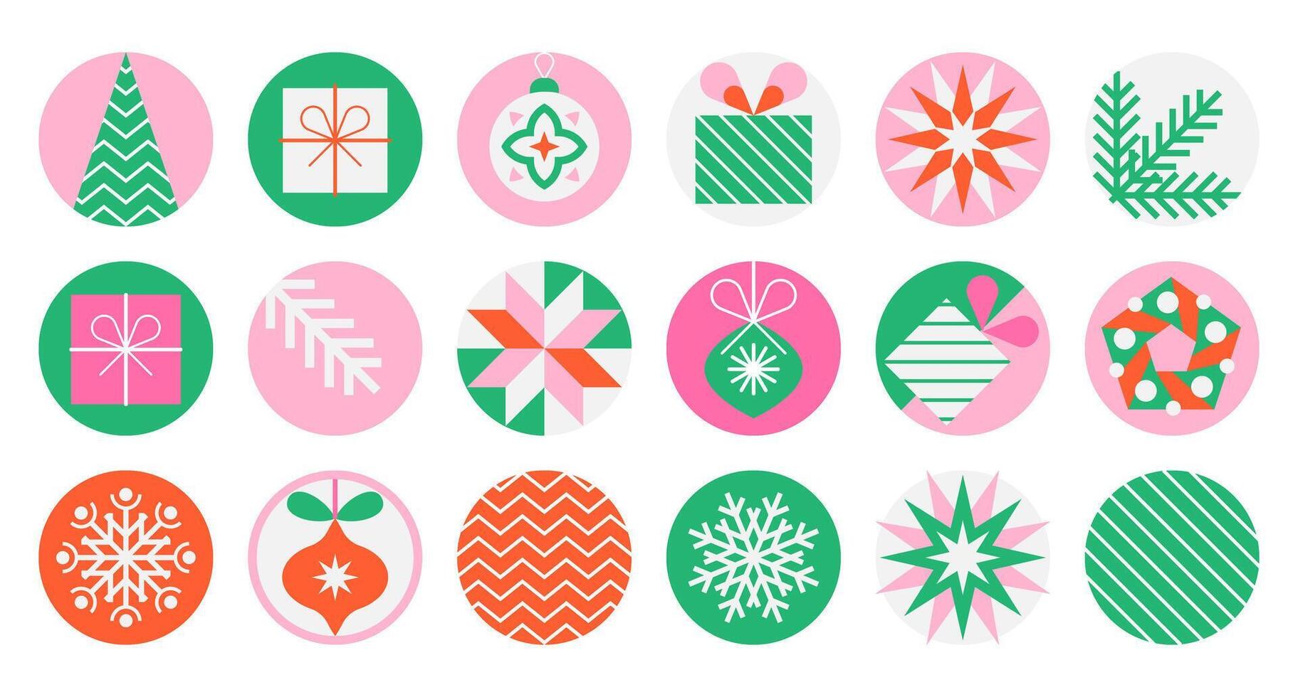 Collection of 18 festive holiday icons in circular design. Christmas and New Year elements vector