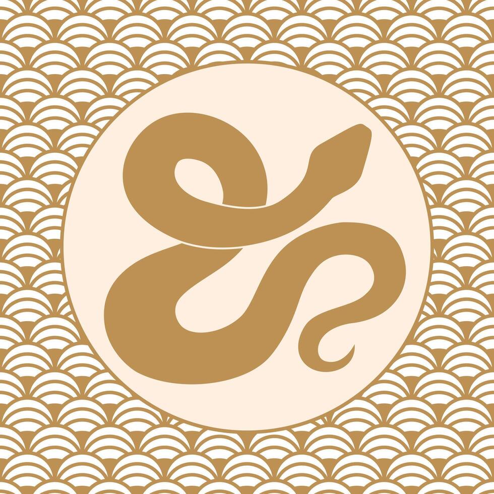 Elegant golden snake in circle on patterned background. vector