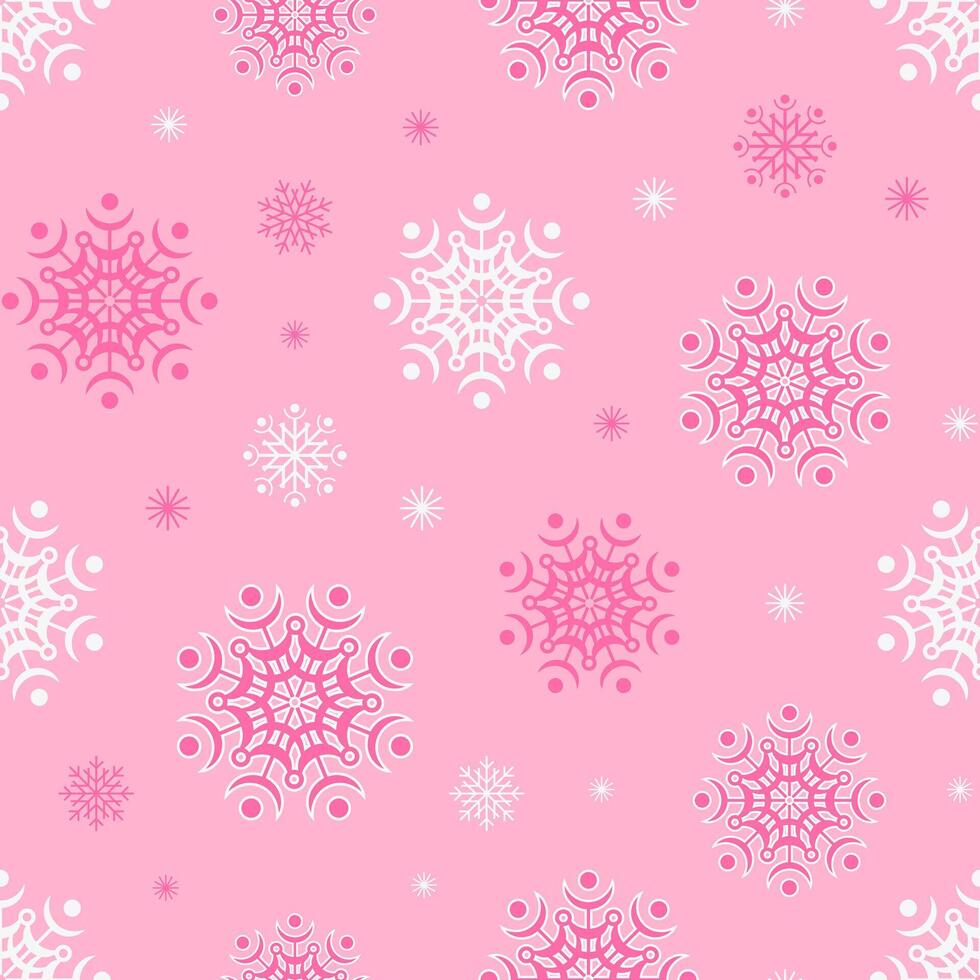 Seamless pattern of pink and white snowflakes on pink background. vector