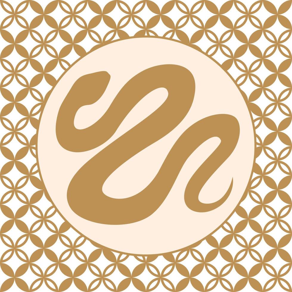 Winding golden snake in circle, on geometric hemp leaf pattern vector