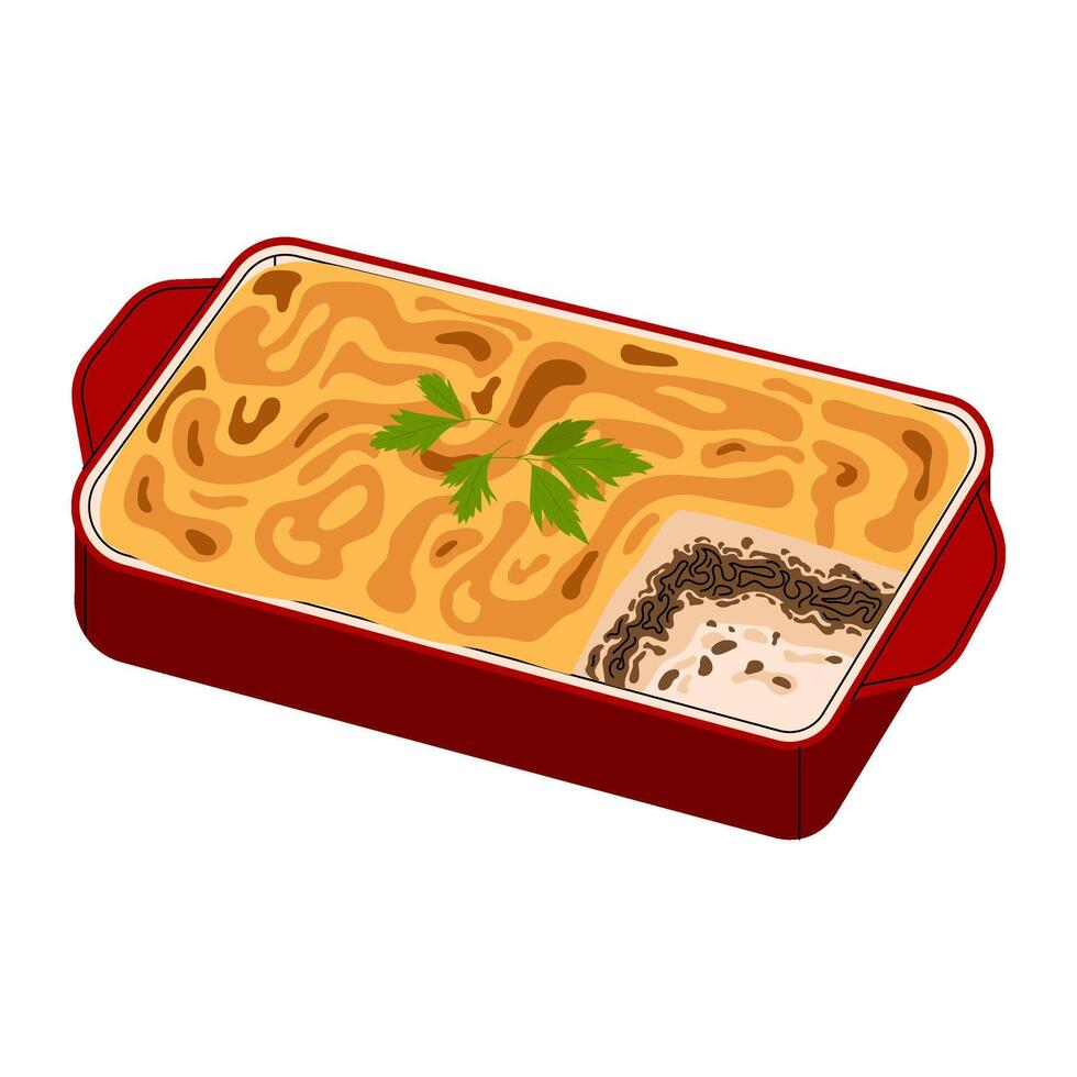 Moussaka. Traditional Greek cuisine. Food. Casserole with vegetables and meat. Flat illustration on white background. vector