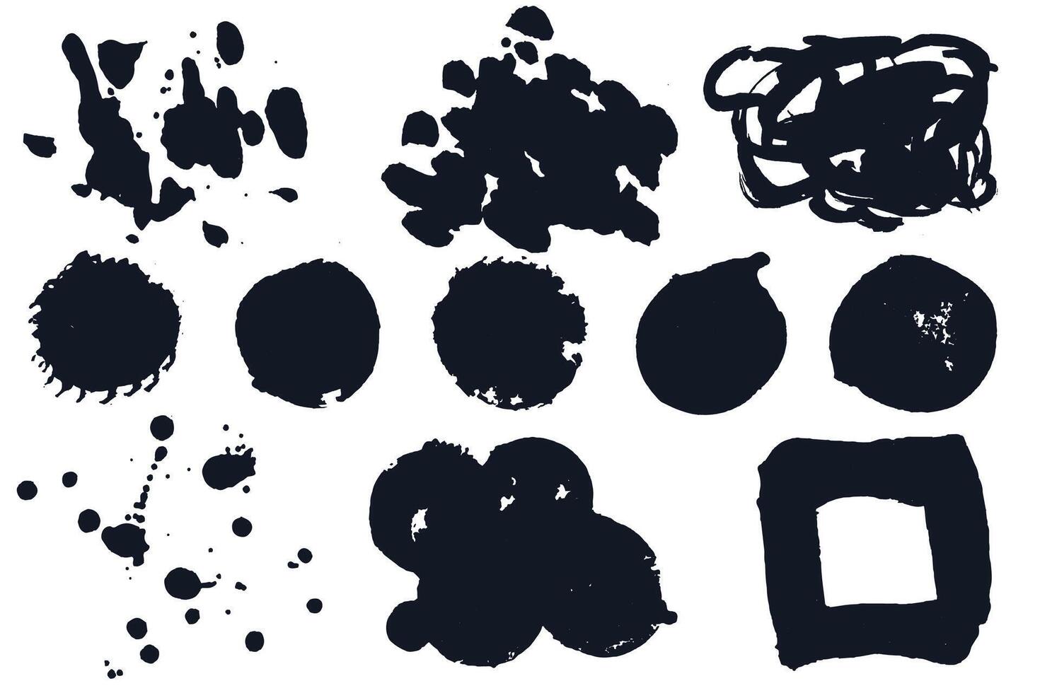 black ink blot and blotch set, each element isolated on white background. Liquid grunge splashes. Modern creative textures. vector