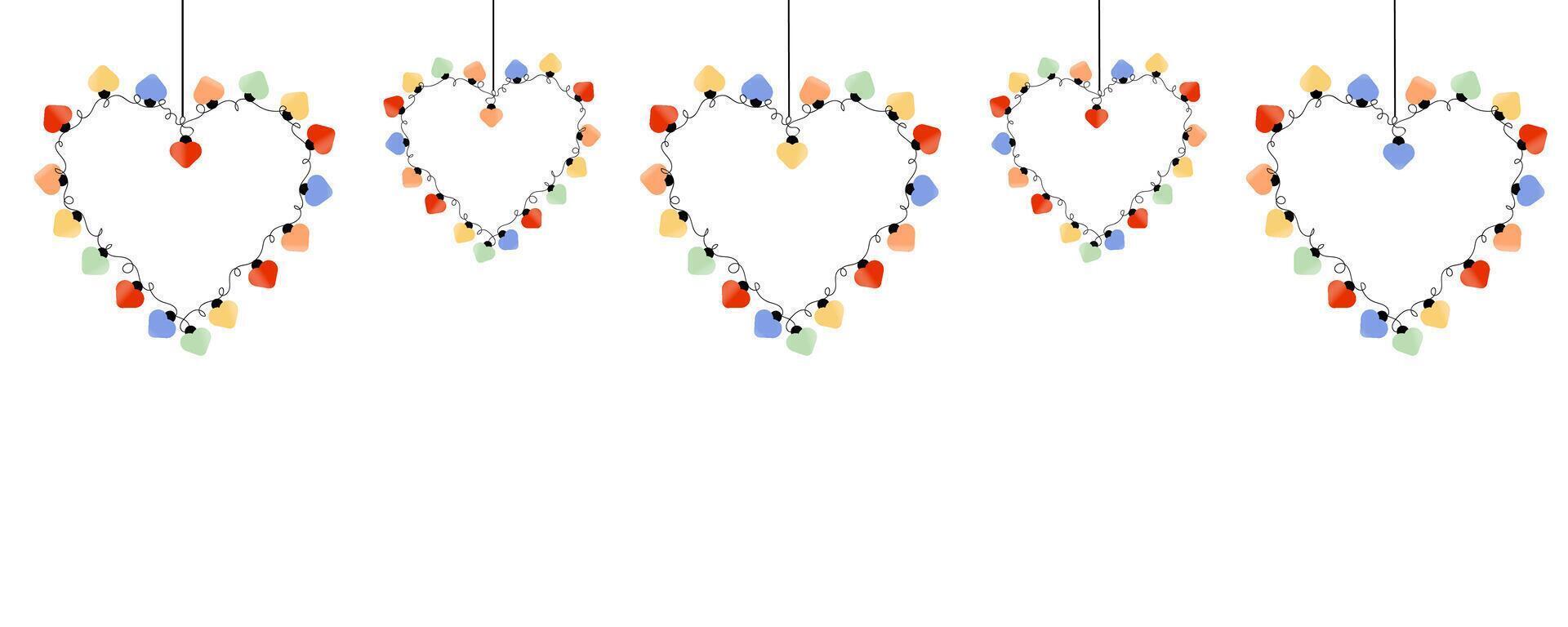 Horizontal template with heart shaped garland lights. Decorative design elements with colorful light bulbs for Valentine's day card, wedding invitation, web banner, poster. vector