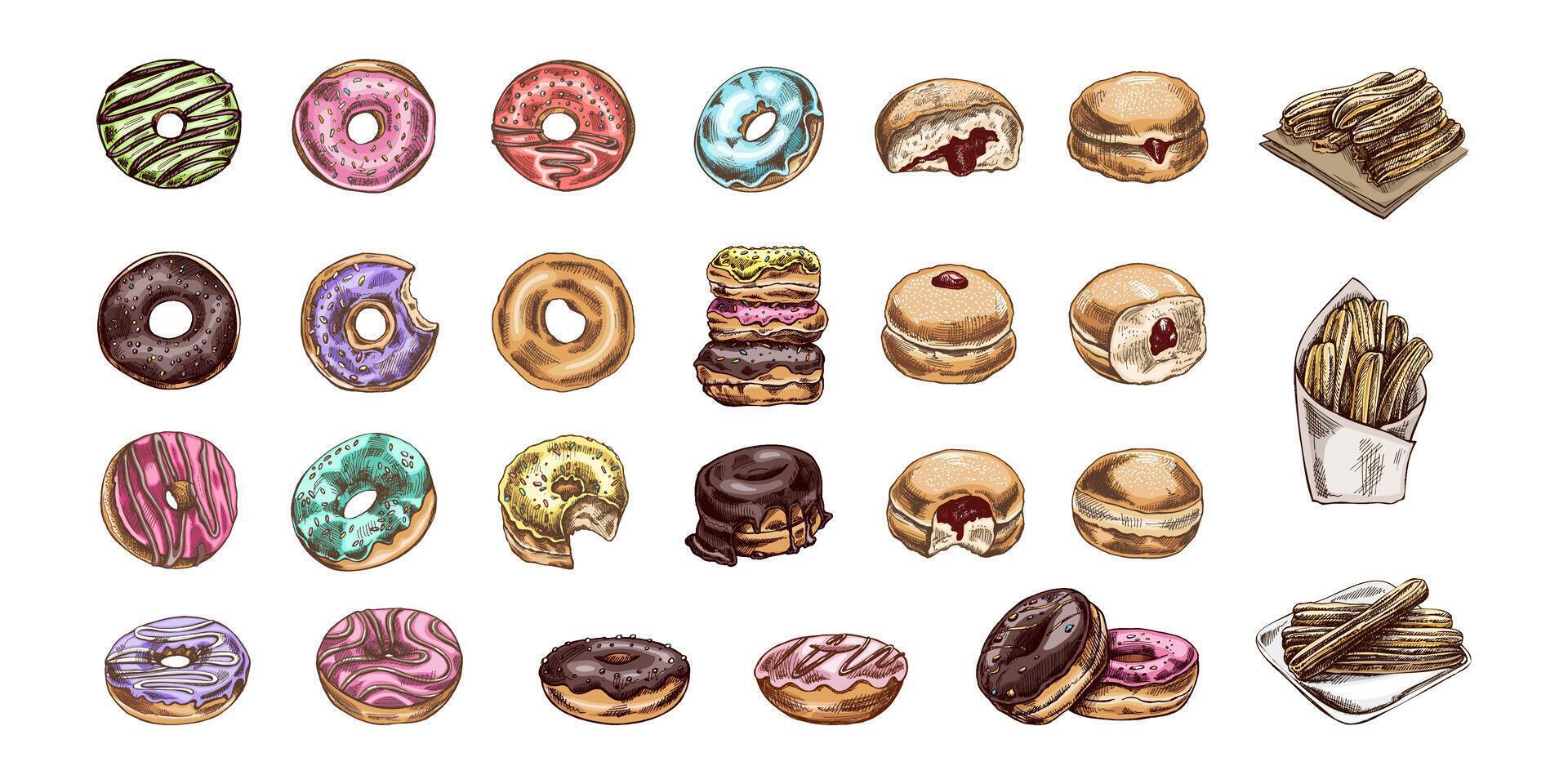 Hand-drawn colorful sketch set of donuts and churros collection vector