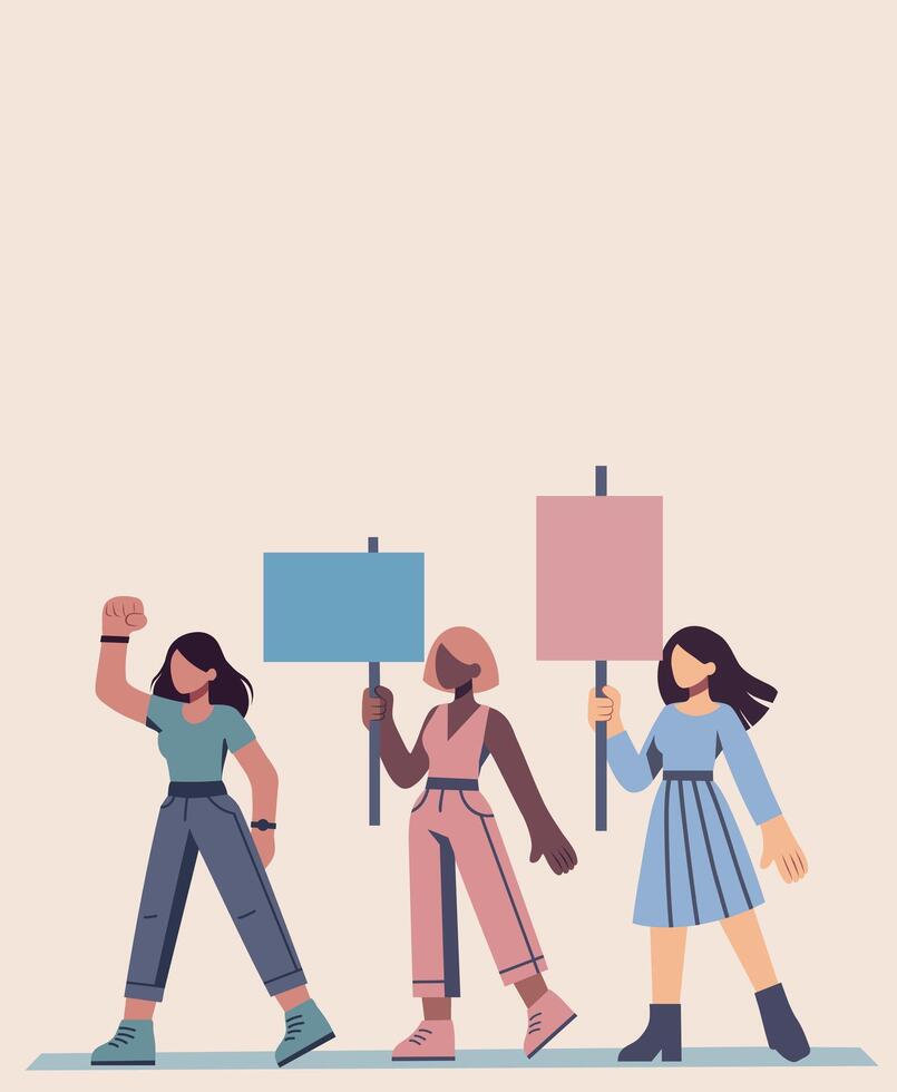 banner for feminism day. Women feminist activists of different skin colors go together to protest for equality, empowerment and opportunities. For women's projects, websites, postcards vector