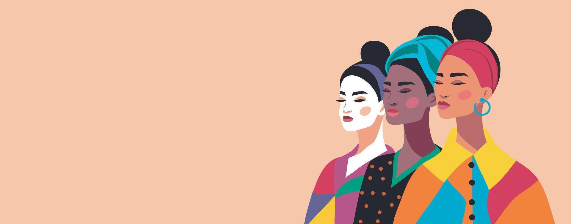 Women's day. Abstract women of different nationality, skin, appearance and culture stand together, banner with space for text for advertising, website. Concept of movement for gender equality vector