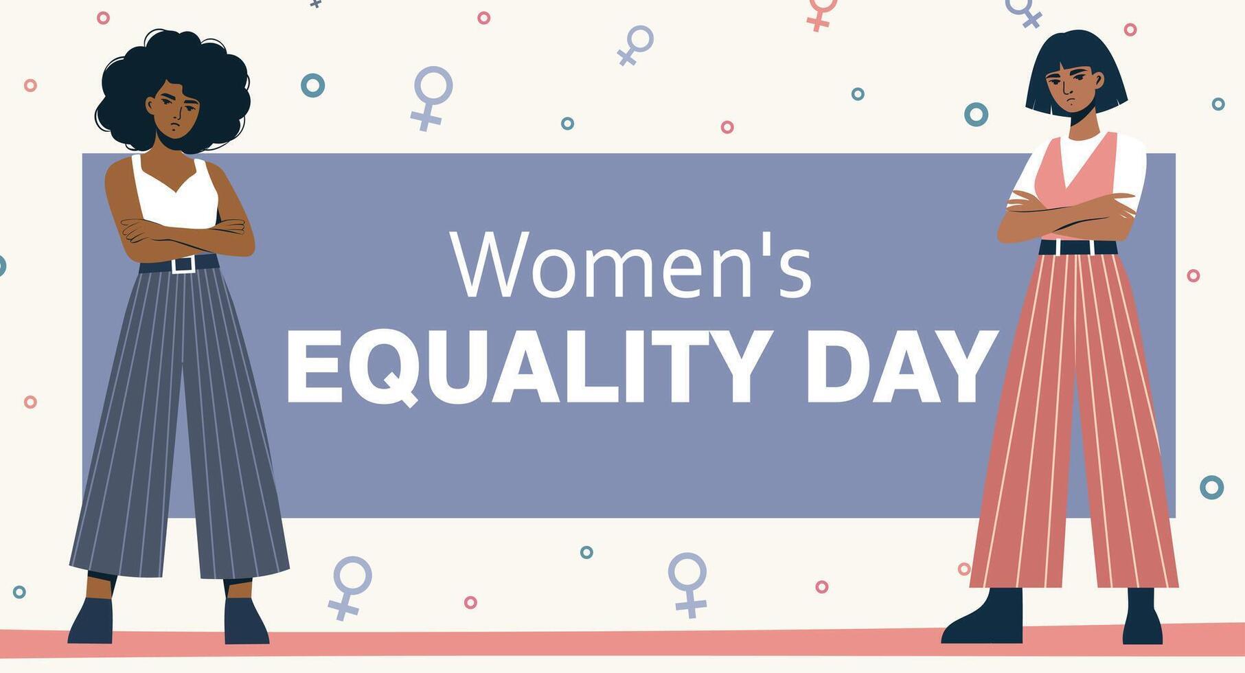 Two African American women stand on each side of the inscription Equality Day. Use for women's projects, websites, postcards, advertising, mobile applications. vector