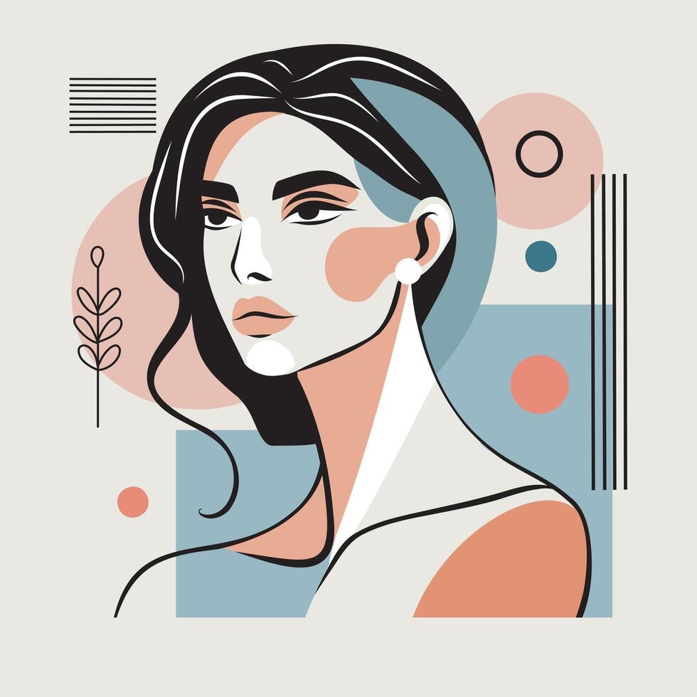 flat style, modern abstract portrait of a beautiful woman. Soft pastel shades of the palette. Thin lines accent on femininity. Suitable for postcards, paintings, posters, interior design, web vector