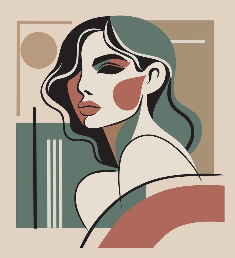 Modern abstract portrait of a beautiful woman. flat style, soft pastel shades of the palette. Thin lines accent on femininity. Suitable for postcards, paintings, posters, interior design, web vector