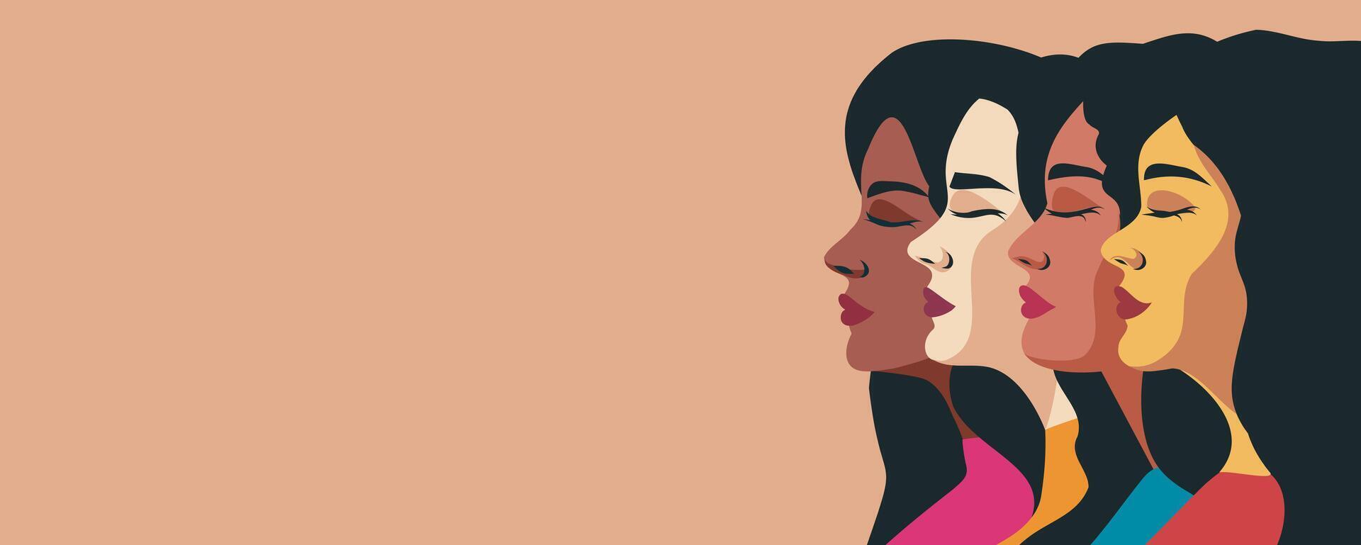 banner place for text. Portraits of strong diverse women of ethnically different cultures and skin color. Feminism concept, gender equality, protection of women's rights and freedoms vector