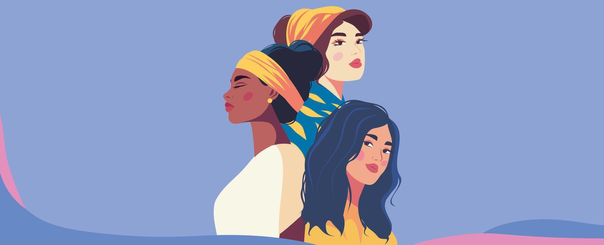 banner illustration of multi-ethnic women. A group of women of different beauty and skin color. Concept of woman, independence. concept of movement for gender equality vector