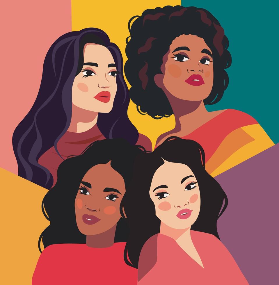 Multi-ethnic women banner illustration. A group of women of different beauty and skin color. The concept of woman, femininity, independence. Concept of the movement for gender equality vector