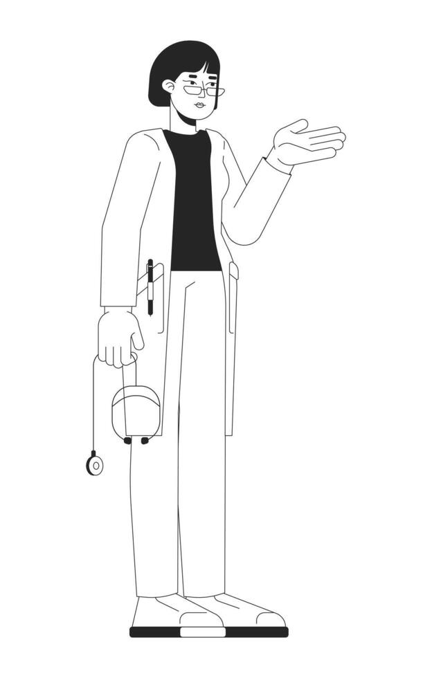 Asian female doctor in white coat gesturing with stethoscope black and white 2D line character. Medical explanation. Woman practitioner isolated outline person. Monochromatic spot illustration vector