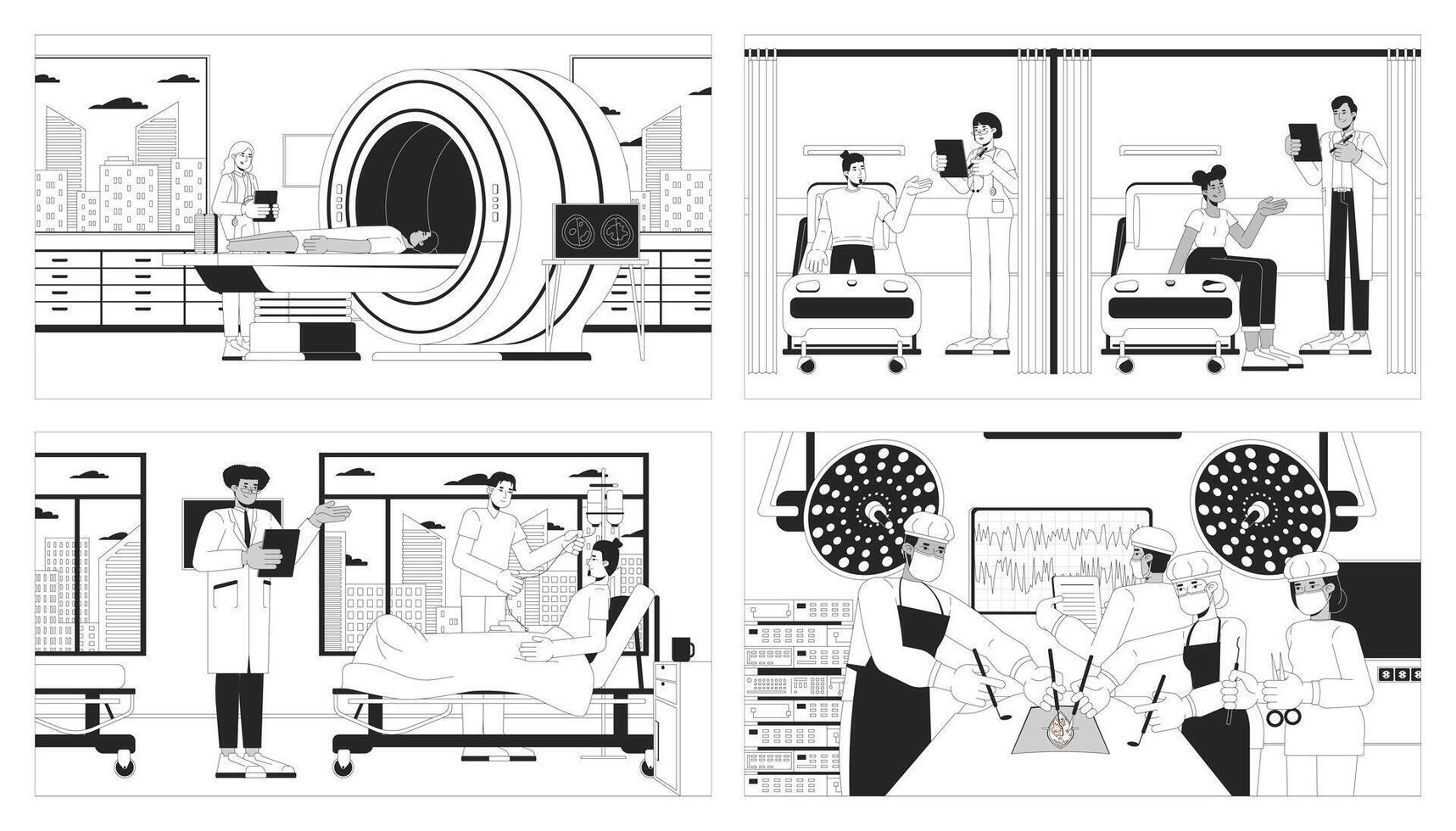 Hospital medical treatment black and white line illustrations set. Diverse doctors 2D characters monochrome backgrounds. MRI scanner, emergency room, surgery outline scenes images collection vector